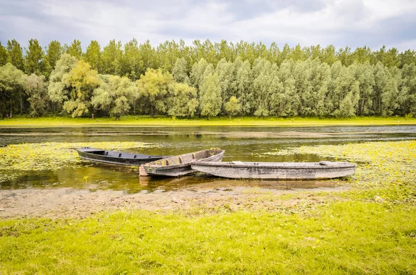 Wooden Fishing Boats Pond Kovilj Moored Shore — стоковое фото
