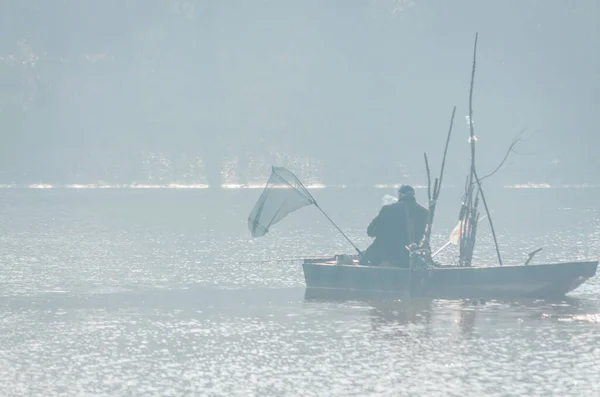 Fisherman Wooden Boat Lake Surrounded First Morning Mist Autumn Sun — Stock Photo, Image