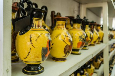 A look at the exhibited items of a local shop in the city of Kalambaka in Greece.