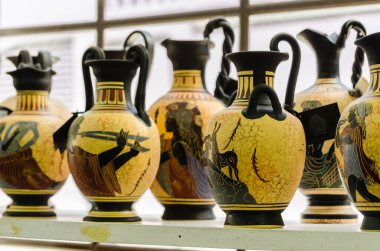 Kalambaka, Greece - June 10, 2018: A look at the exhibited items of a local shop in the city of Kalambaka in Greece.