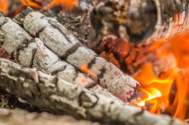 Yakından çekilen odunlar, odun, kömür ve küller alevler içinde yanıyor..