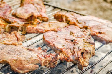 Meat for food - pork tenderloin on a summer grill with a flame.