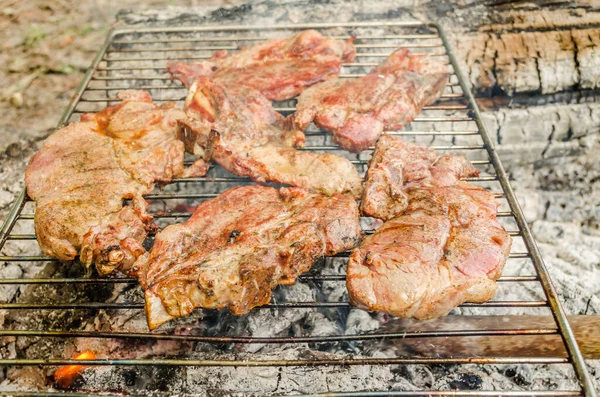 Carne Para Comida Solomillo Cerdo Parrilla Veraniega Con Llama — Foto de Stock