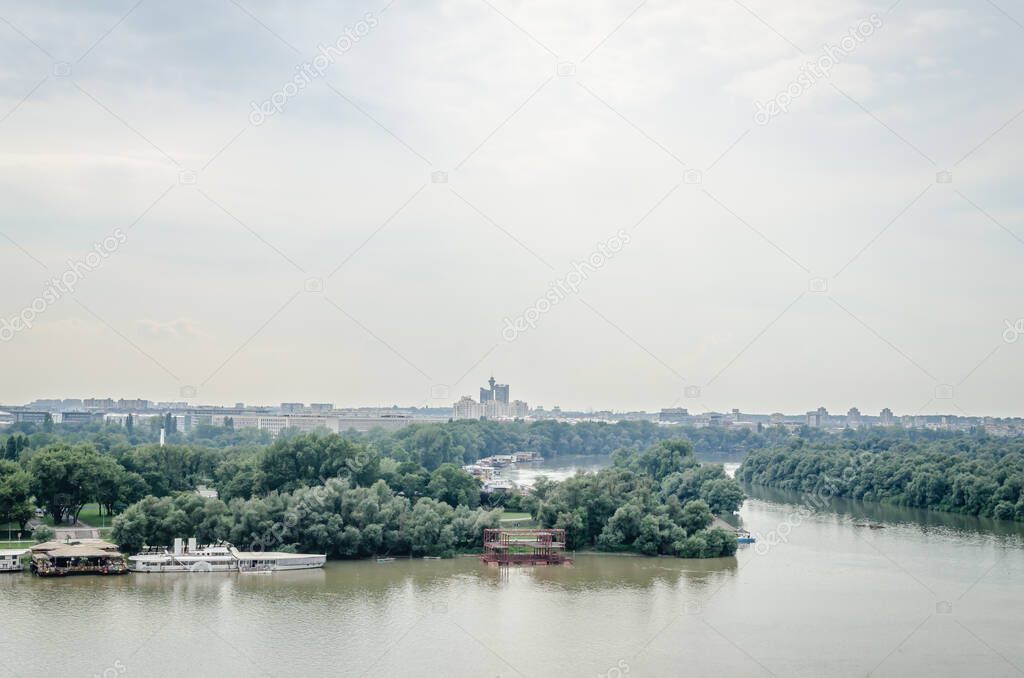 Belgrade, Serbia - July 29, 2014: The Old Fortress on Kalemegdan in the capital of Serbia, Belgrade. A panoramic view of the confluence of the Sava River and the Danube River.