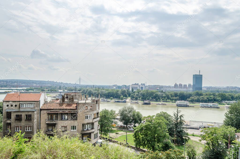 Belgrade, Serbia - July 29, 2014: The Old Fortress on Kalemegdan in the capital of Serbia, Belgrade. Panoramic view of the city of Belgrade from the Kalemegdan fortress.