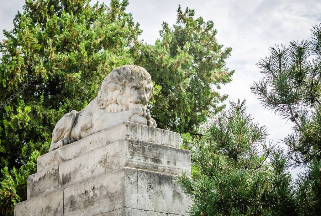 Belgrade, Serbia - July 29, 2014: The Old Fortress on Kalemegdan in the capital of Serbia, Belgrade. The sculpture of a lion at the Kalemegdan fortress.