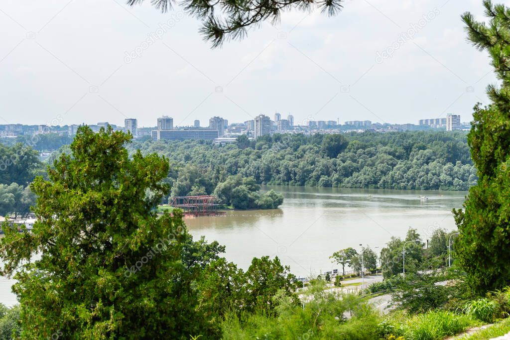 Belgrade, Serbia - July 29, 2014: The Old Fortress on Kalemegdan in the capital of Serbia, Belgrade. A panoramic view of the confluence of the Sava River and the Danube River.