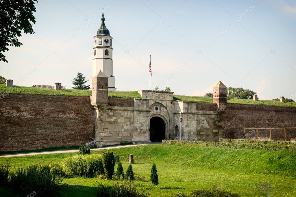 Belgrade, Serbia - July 29, 2014: The Old Fortress on Kalemegdan in the capital of Serbia, Belgrade. Kalemegdan Fortress and its clock tower, Belgrade, Serbia.
