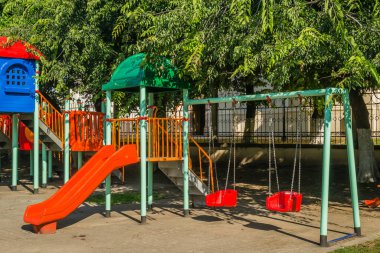 A big colorful children playground equipment. Children's playground in the town of Srbobran in Vojvodina.