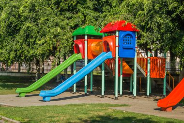 A big colorful children playground equipment. Children's playground in the town of Srbobran in Vojvodina.