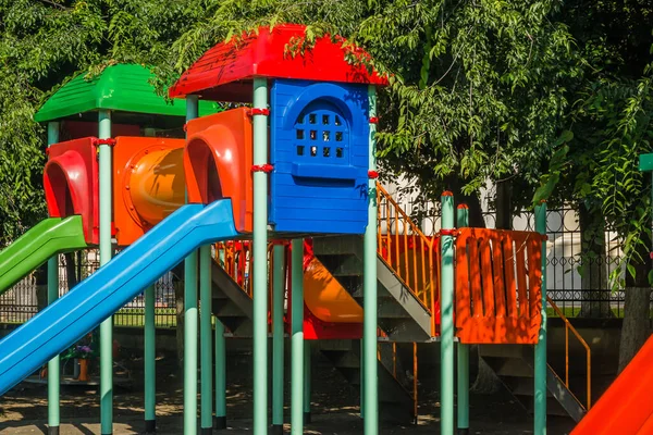 A big colorful children playground equipment. Children's playground in the town of Srbobran in Vojvodina.
