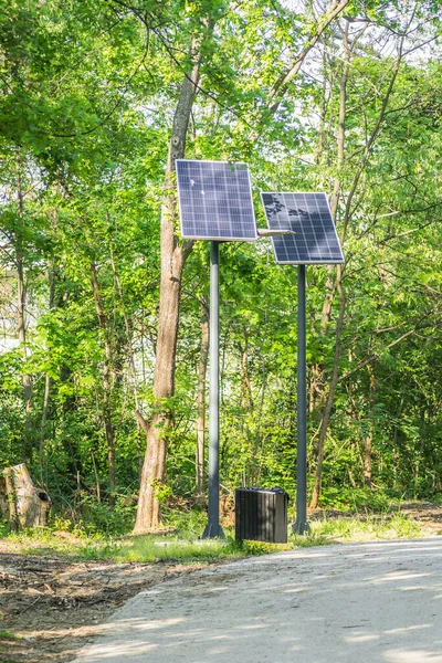 Сонячні Панелі Альтернативної Енергетичної Системи Були Встановлені Променаді Міському Парку — стокове фото