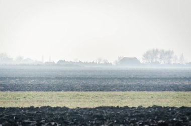 Arable land and winter crops in Serbia on on the background of the homestead.
