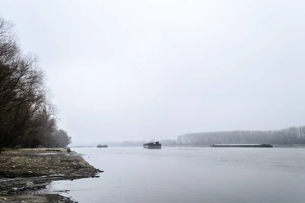 Tankers Danube River Winter Period Anchored Tankers Danube River Winter — ストック写真