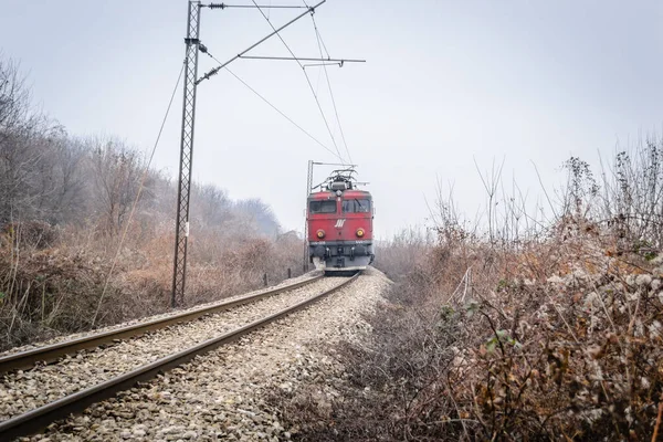 View Railway Line Winter Old Electric Locomotive Railway Track Covered — Stockfoto