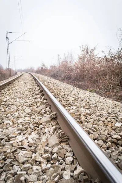 Scenic View Straight Railway Railroad Track Receding Distance Foggy Day — Zdjęcie stockowe