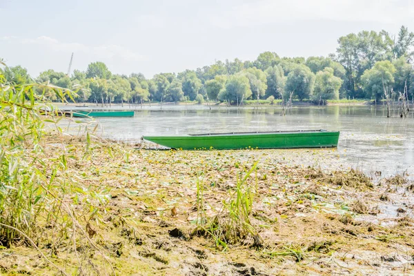 View Backwater Danube River Illuminated Sun Wooden Boat Sport Fishing — 스톡 사진