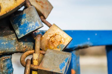 A pile of rusty padlocks on the blue fence of the bridge.