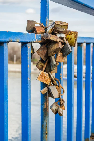 Pile Rusty Padlocks Blue Fence Bridge — Photo