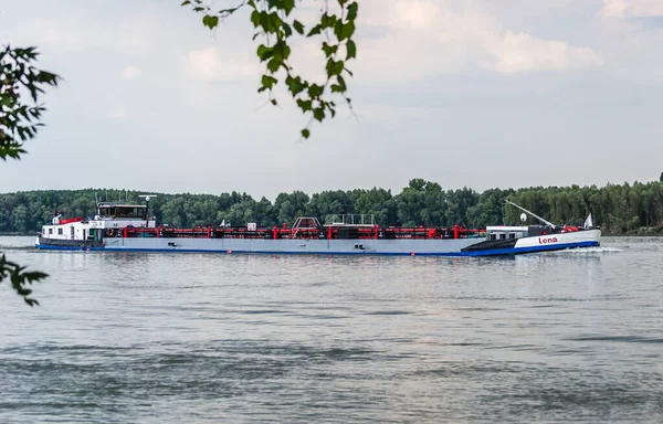 Novi Sad, Serbia - September 29. 2019: Tanker on the river Danube in Petrovaradin near the town of Novi Sad.