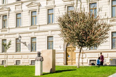 Pecs, Hungary - October 06, 2018: Bronze bust of Itvan Szechenyi in front of government buildings in Pecs, Hungary.