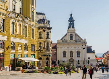Pecs, Hungary - October 06, 2018: Saint Sebastian`s Church on Szechenyi square in town of Pecs Hungary.