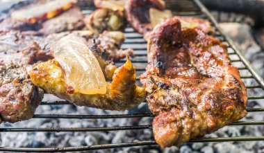 Meat on outdoor coal barbecue grill, close-up