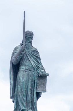 Belgrade, Serbia - August 22, 2022. View of the Statue of Stafan Nemanja in the center of Belgrade, Serbia. The monument to Stefan Nemanja is located on Sava Square in Belgrade, at the beginning of Nemanja Street.