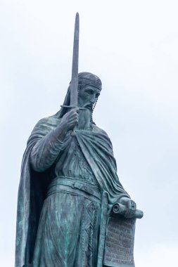 Belgrade, Serbia - August 22, 2022. View of the Statue of Stafan Nemanja in the center of Belgrade, Serbia. The monument to Stefan Nemanja is located on Sava Square in Belgrade, at the beginning of Nemanja Street.