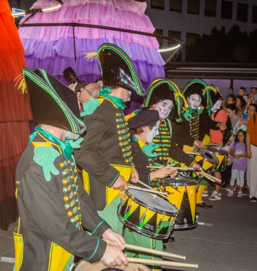 Novi Sad, Serbia - August 25. 2021: The 22nd Street Musicians Festival - Gradi Fest - will take place from 25-27th August. Transe Express - Opening and procession of the 22nd Festival of street musicians - Les Poupes gantes, large dolls.