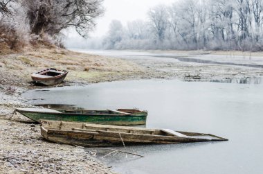 Danube Island Sodros near Novi Sad, Serbia. Gray and white landscape with snow covered trees and frozen water.
