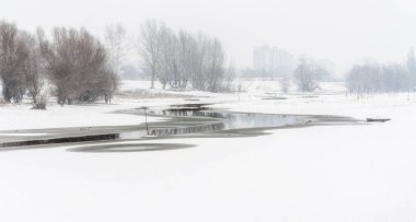 Danube Island Sodros near Novi Sad, Serbia. Gray and white landscape with snow covered trees and frozen water.