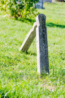 Eski askeri mezarlık. Askeri mezarlığın eski özdeş, ihmal edilmiş beton mezar taşı haçlarının panoramik bir görüntüsü..