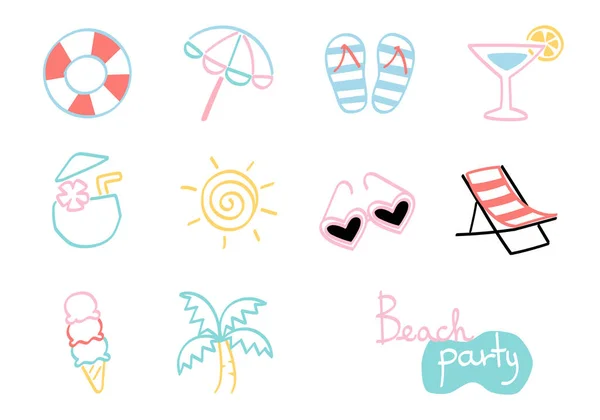 Beach Party Icon Collection Hand Drawn — Vettoriale Stock