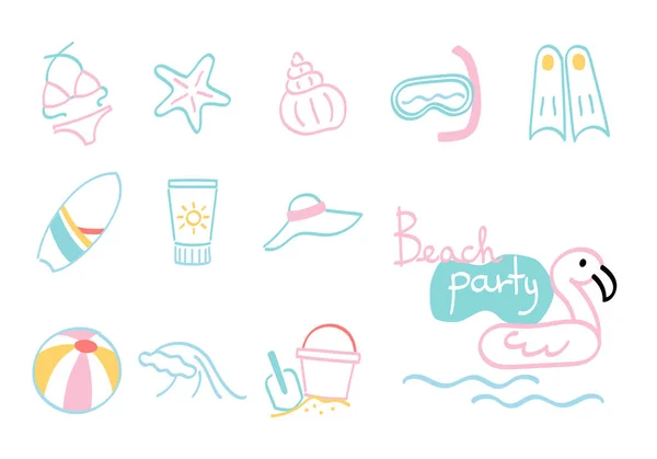 Beach Fun Icon Collection Handgezeichnet — Stockvektor