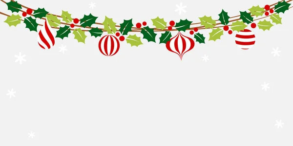 Χριστουγεννιάτικο Bunting Φύλλα Holly Και Στολίδια Στο Φόντο Του Χειμώνα — Διανυσματικό Αρχείο