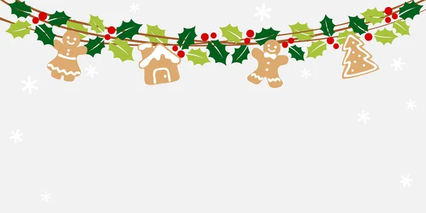 Christmas Bunting Holly Leaves Gingerbread Winter Background — Vetor de Stock