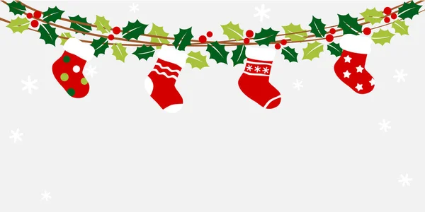 Χριστουγεννιάτικο Bunting Φύλλα Holly Και Κάλτσες Στο Φόντο Του Χειμώνα — Διανυσματικό Αρχείο