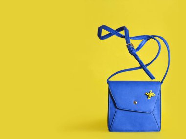 Sarı arka planda kurbağa olan küçük mavi kadın çantası.
