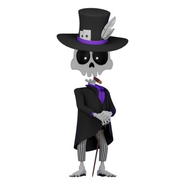 3d Baron Saturday in a black tailcoat and a black top hat smoking a cigar, the concept of the El Da de Muertos holiday, Halloween, voodoo cult, isolated illustration on white background, 3d rendering clipart