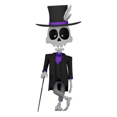 3d. Cumartesi günü Baron smokin ve silindir şapkalı, baston tutan, El Da de Muertos bayramı, Cadılar Bayramı, vudu tarikatı, beyaz arka planda izole bir illüstrasyon, 3d