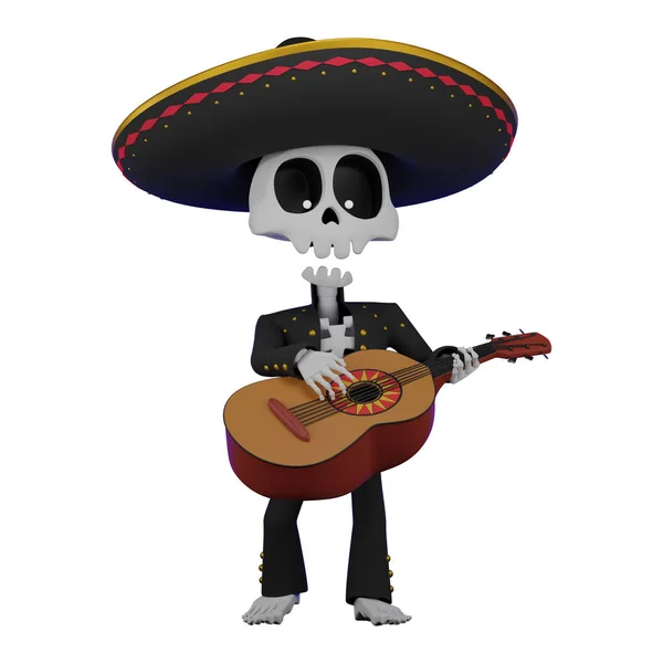 Esqueleto Traje Masculino Mexicano Con Sombrero Cabeza Tocando Guitarra Concepto — Foto de Stock