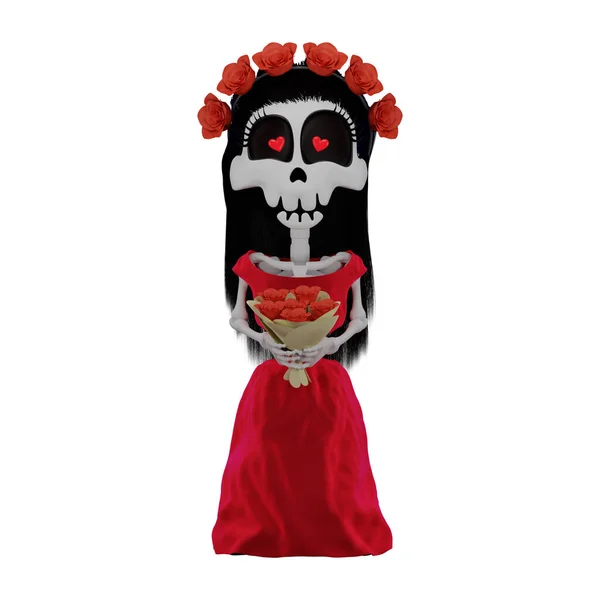 Esqueleto Calavera Katrina Vestido Rojo Concepto Fiesta Muertos Ilustración Aislada — Foto de Stock