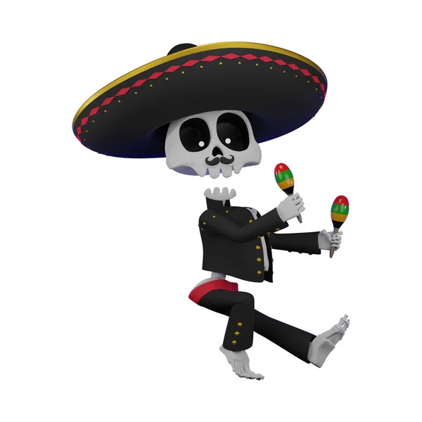 Skelet Een Mexicaans Mannelijk Kostuum Met Een Sombrero Zijn Hoofd — Stockfoto