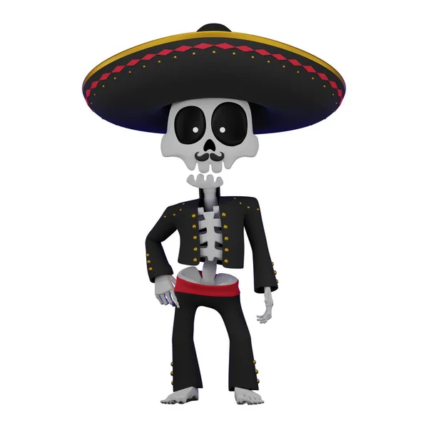 Skelet Een Mexicaans Mannelijk Kostuum Met Een Sombrero Zijn Hoofd — Stockfoto