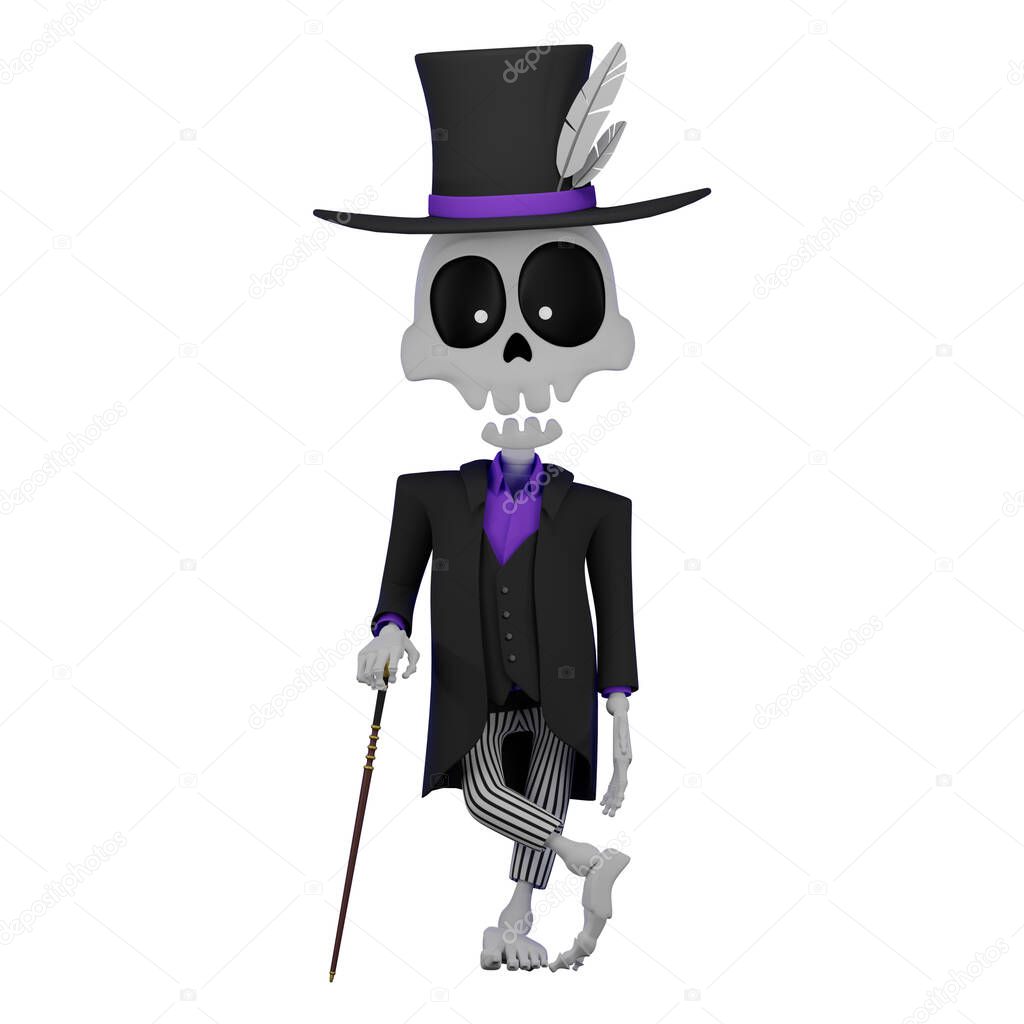 3d Baron Saturday dressed in a tuxedo and top hat, holding a cane, the concept of the El Da de Muertos holiday, Halloween, voodoo cult, isolated illustration on white background, 3d rendering