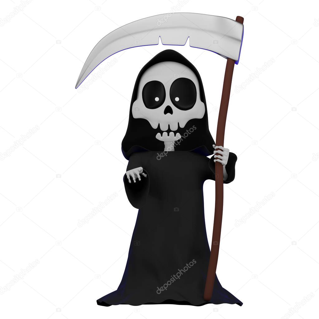 3d skeleton in black hooded cloak with a scythe in hand, death with a scythe, angel of death, Halloween holiday concept, isolated illustration on white background, 3d rendering