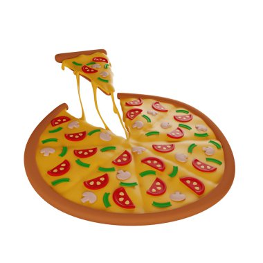 3 boyutlu pizza dilimi, mantarlı, esneme peynirli, pizzacı, beyaz arka planda izole bir illüstrasyon, 3 boyutlu.