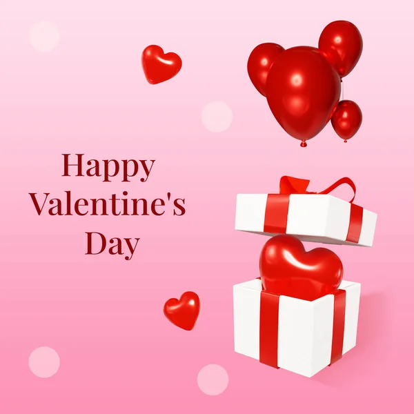 Valentine\'s Day greeting card, printing house, open white box with a red bow and a heart inside with red balloons, 3d rendering