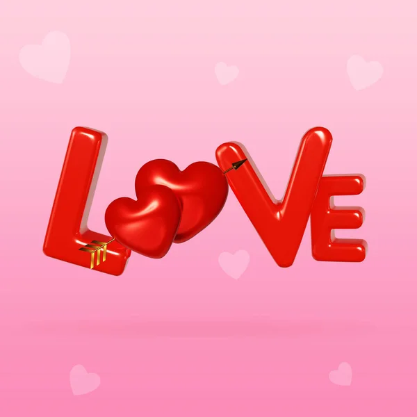 The word Love in red letters, the inscription Love with two hearts pierced by a golden Cupid\'s arrow. Happy Valentine\'s Day, Mother\'s Day, March 8, 3D rendering